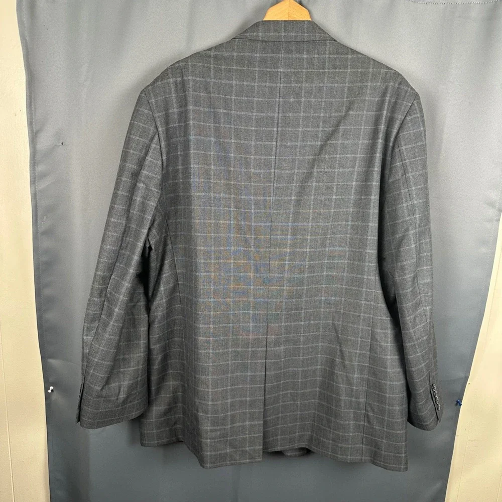 Haggar Mens Grey Windowpane Plaid Two Button Blazer Sport Coat 48L 1006337